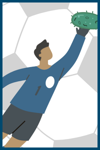 Soccer player in blue reaching for a germ with a soccer pattern in the background