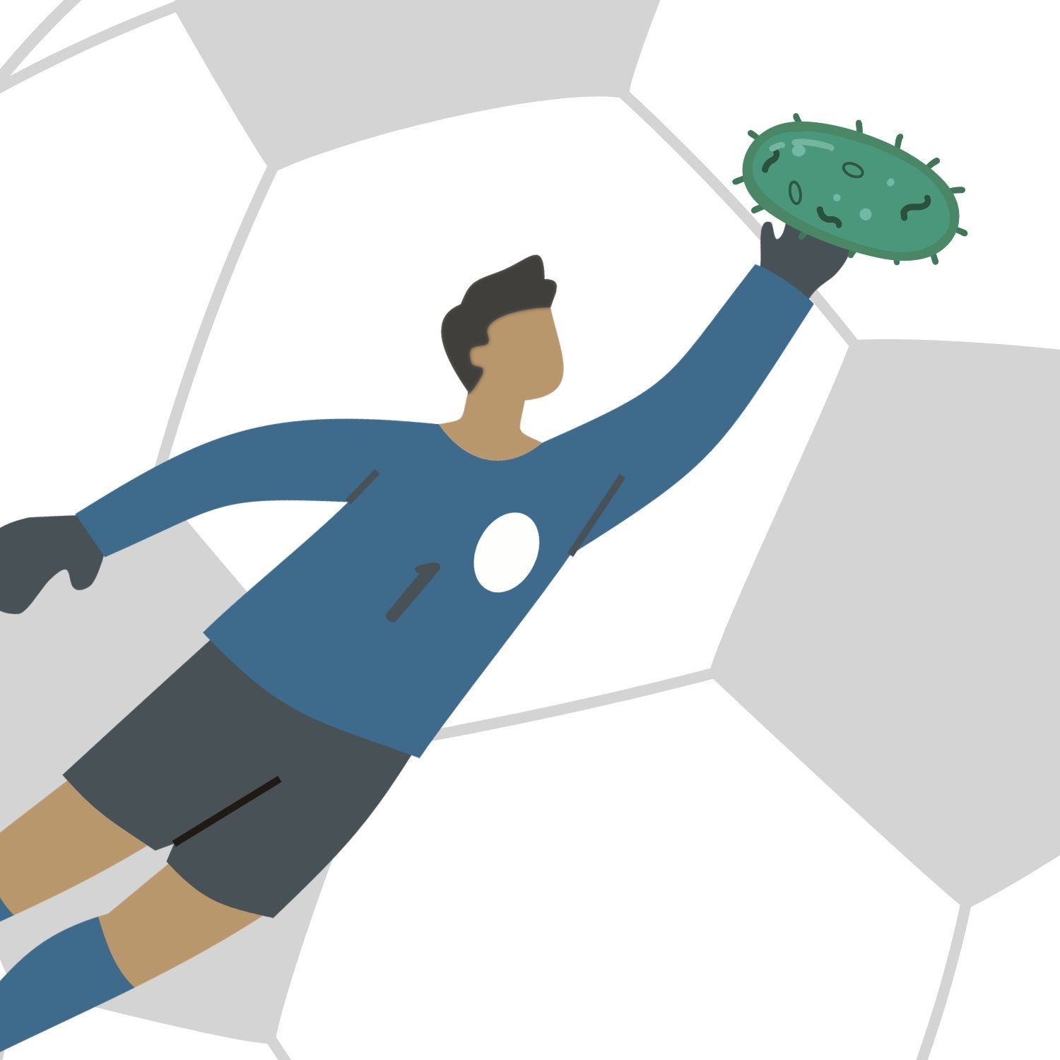 Man stretching to reach a germ, with a soccer ball in the background