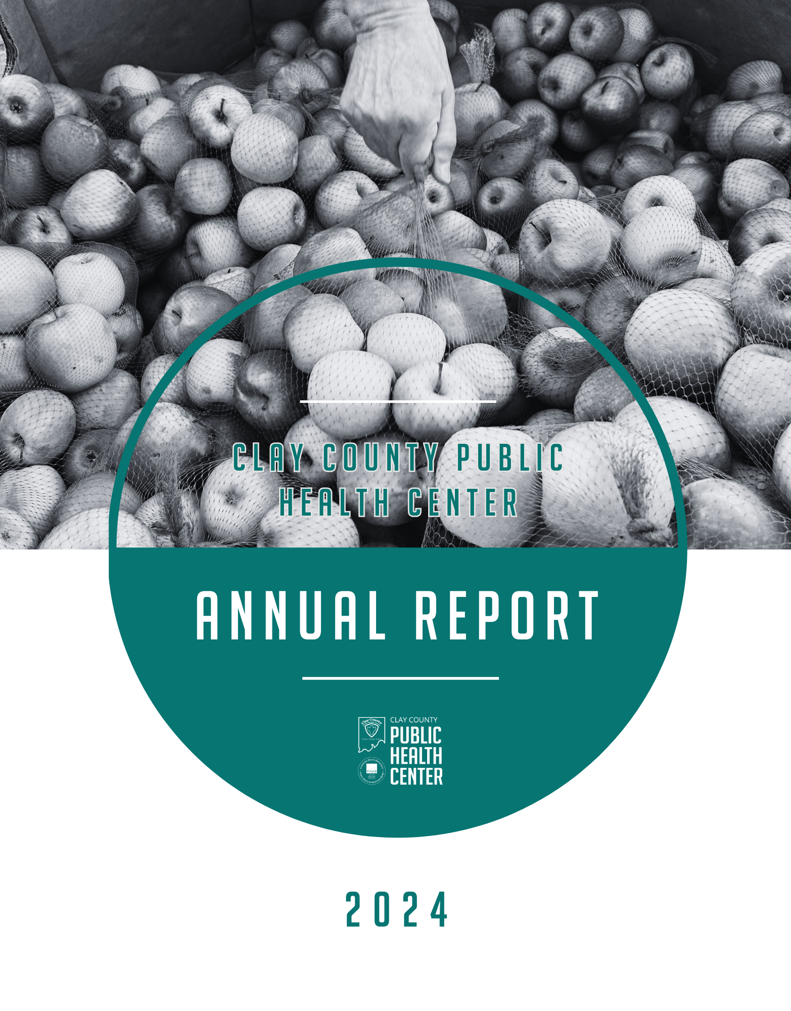 Black and white photo of apple bin with a hand holding a bag. Teal circle annual report 2024